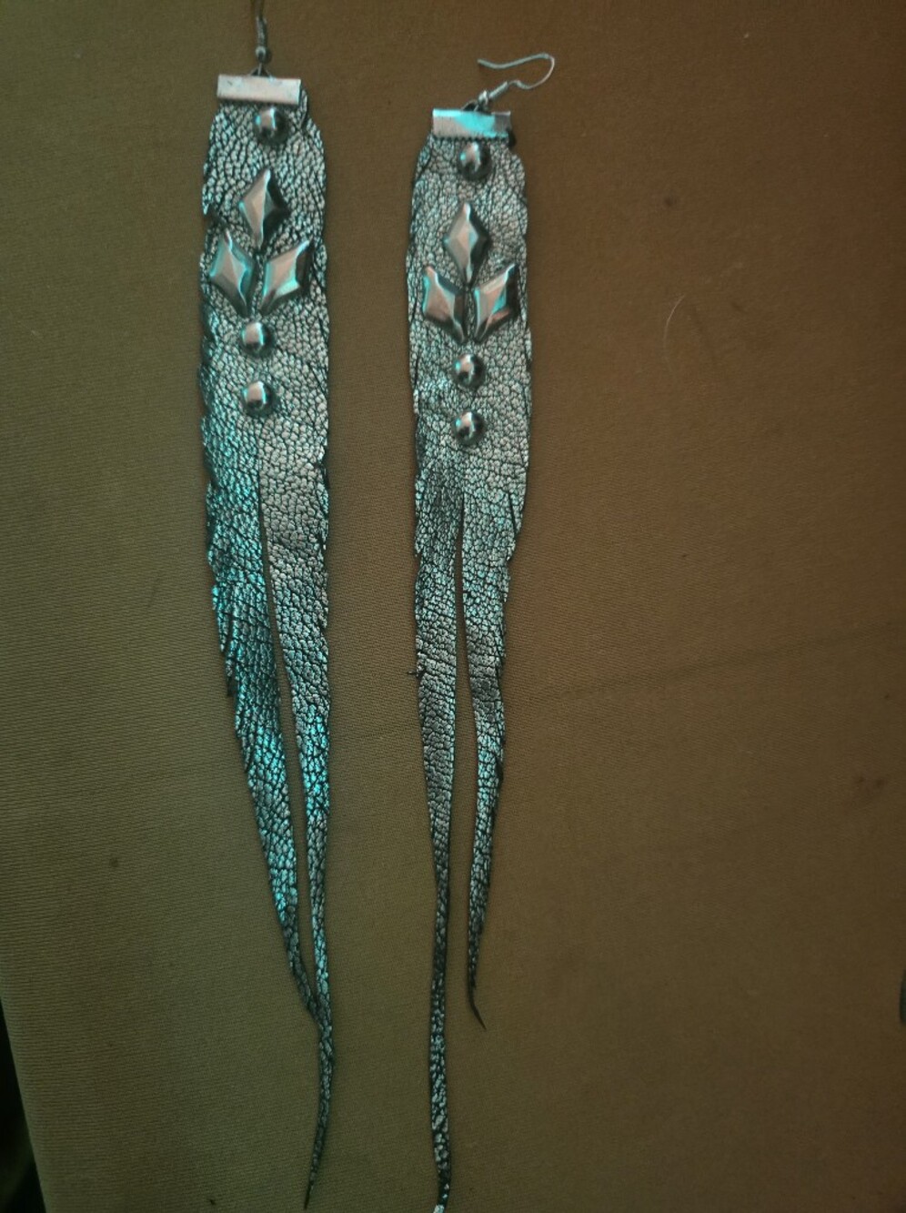 New! Long Silver Textured Fringe Leather & Studd  Earrings Handcrafted Boho